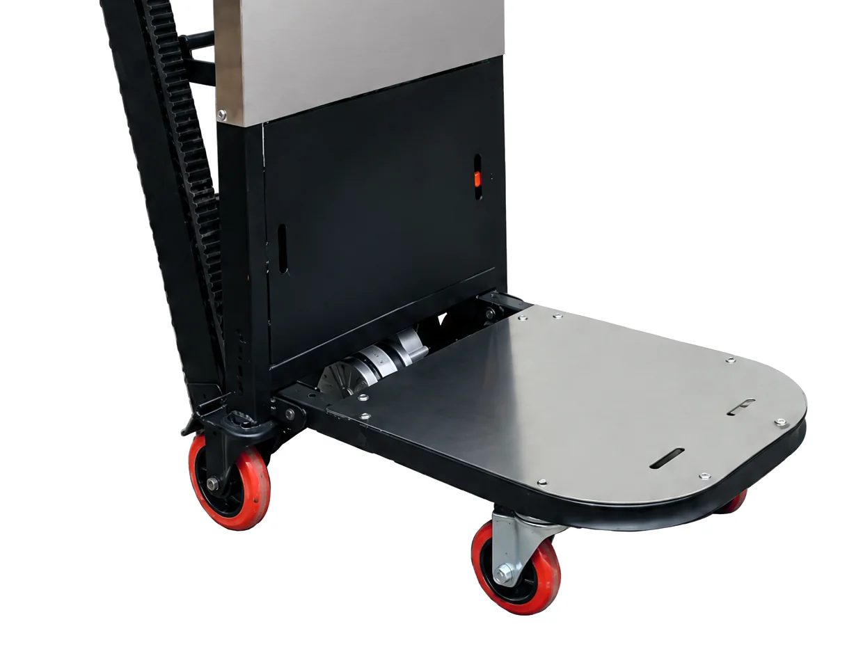 Close-up of the MuloCart base: rubber crawler track, steel load platform and four castor wheels